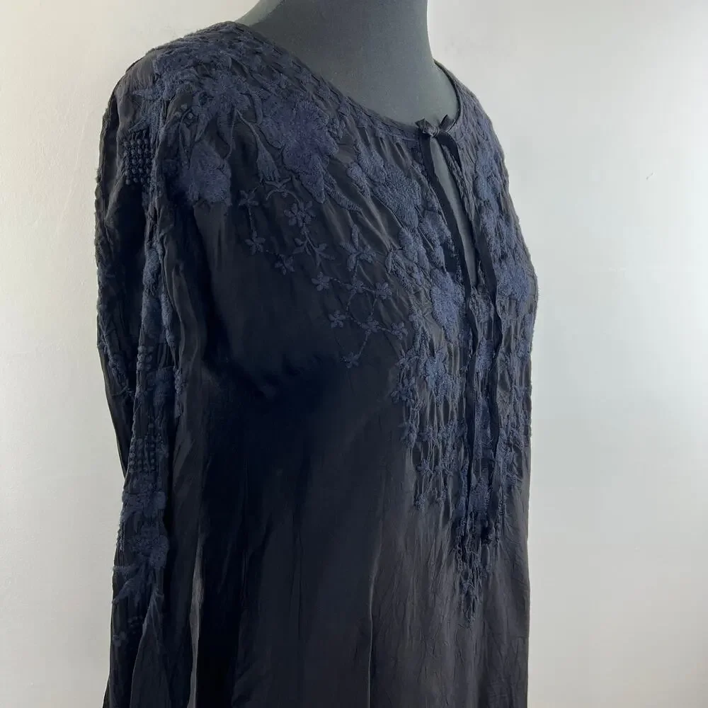 Johnny Was Black Butterfly Winter Tunic Embroidered Floral Tie Neck Women Top XS
